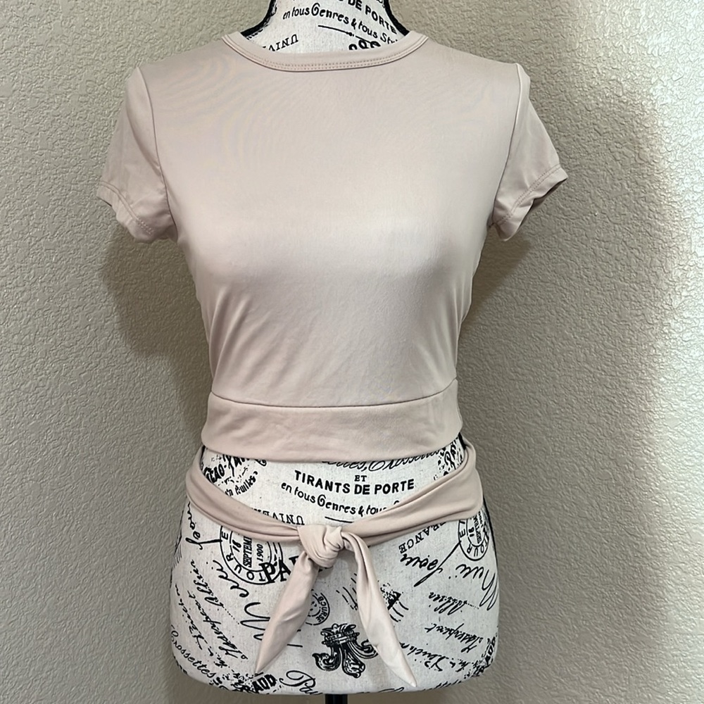 Faded Rose Yoga Crop Wrapped Tan Nude Open Back Top Tee